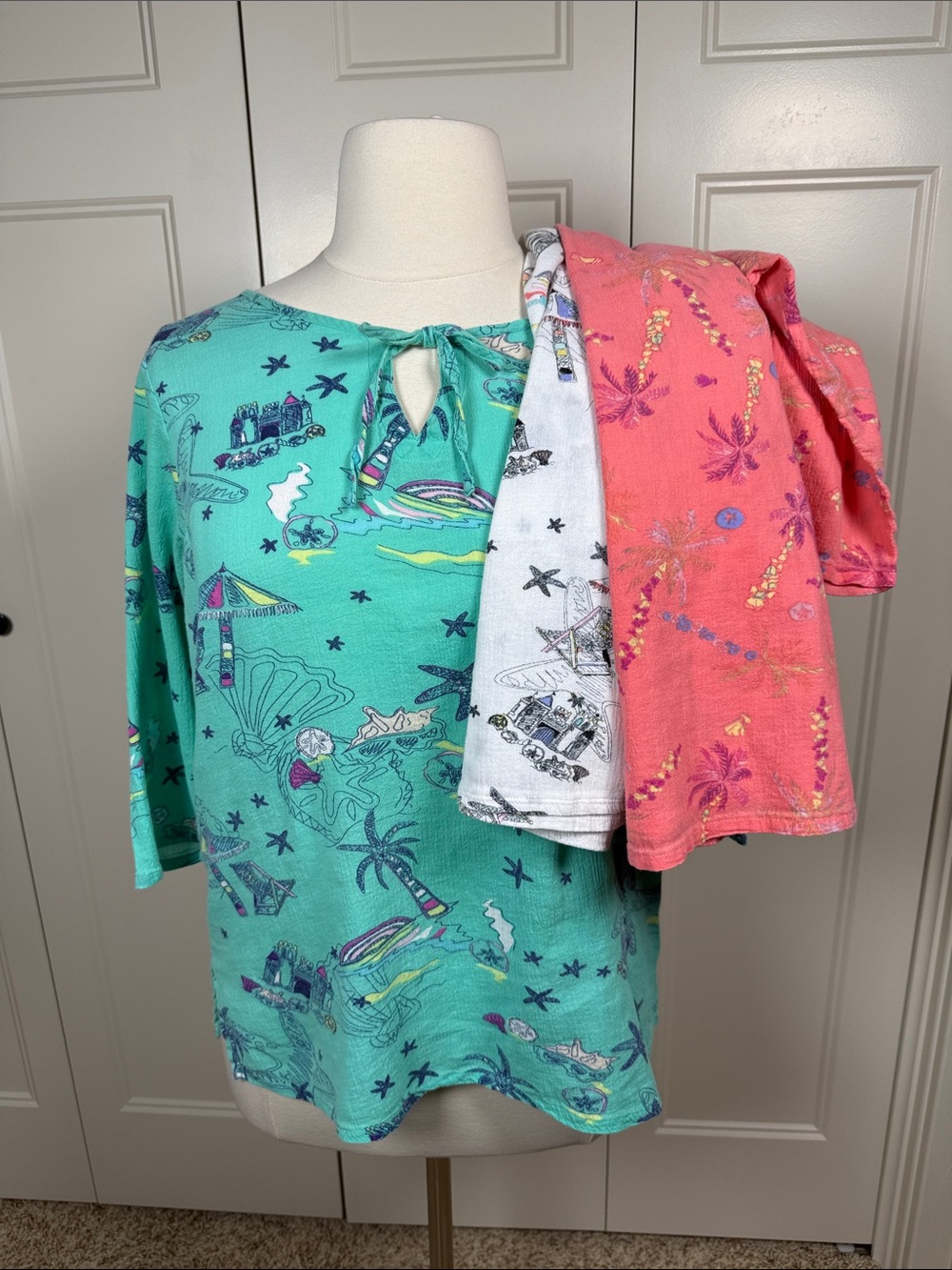 Trio of Sun Bay Beach-Print Cotton Tunic Tops Teal Pink White Size Petite Large